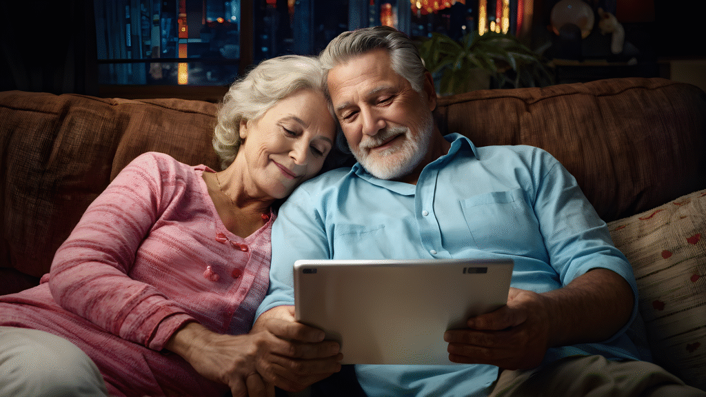 couple watching a screen on couch
